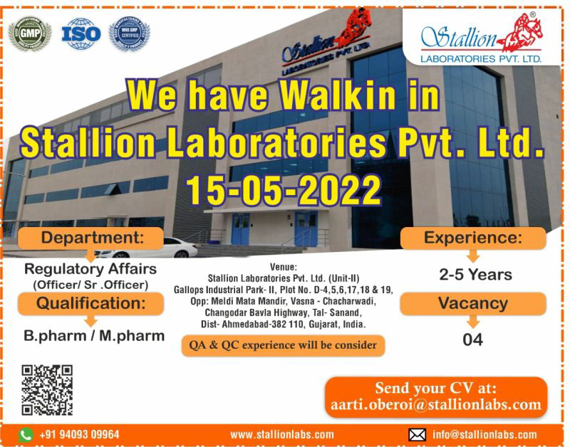 Job Availables,Stallion Laboratories Pvt. Ltd Walk-In-Interview For B.Pharm/ M.Pharm