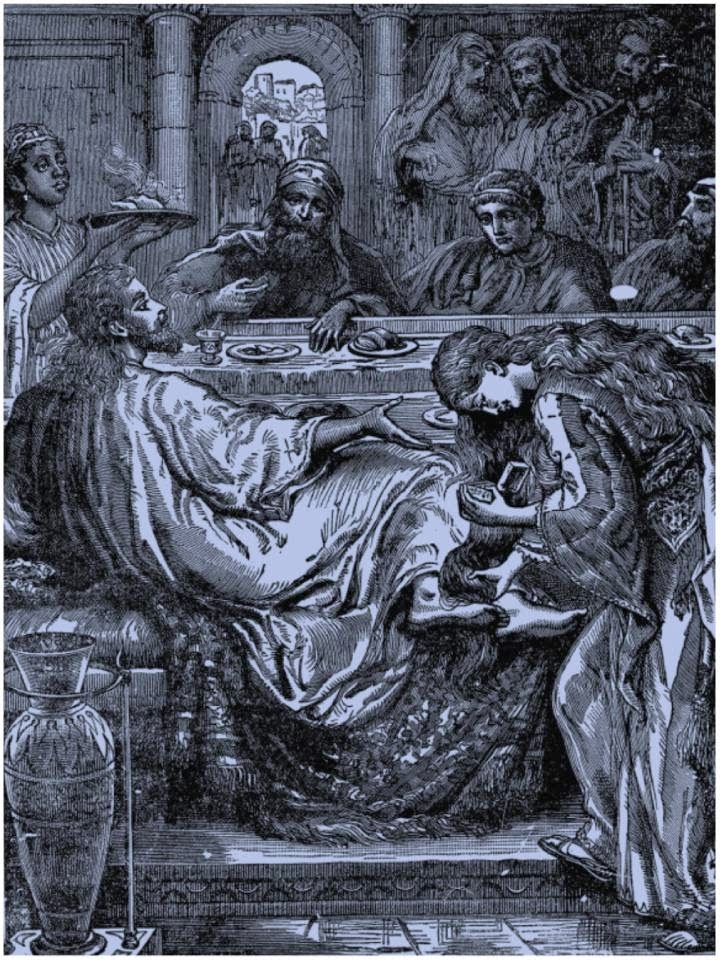 En la imagen Santa Maria de Betania secando los pies de Jesus con sus cabellos.