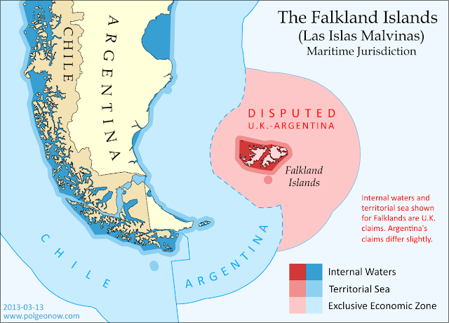 Map of maritime jurisdiction in the seas surrounding the Falkland Islands (Islas Malvinas), including territorial sea, internal waters, and exclusive economic zone (EEZ)