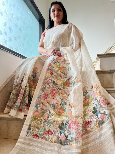 white linen digital print saree