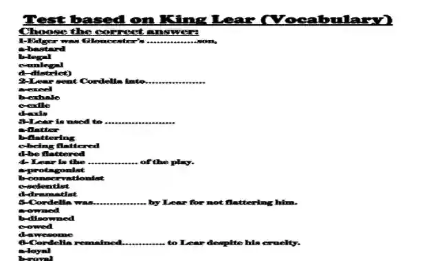 30 سؤال اختار على قصة الملك لير king lear للصف الثانى الثانوى الترم الاول 2021 بصيغة وورد