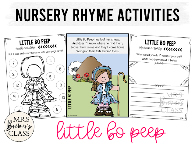 Little Bo Peep activities unit with literacy printables, math companion activities, and worksheets for Nursery Rhymes in Kindergarten