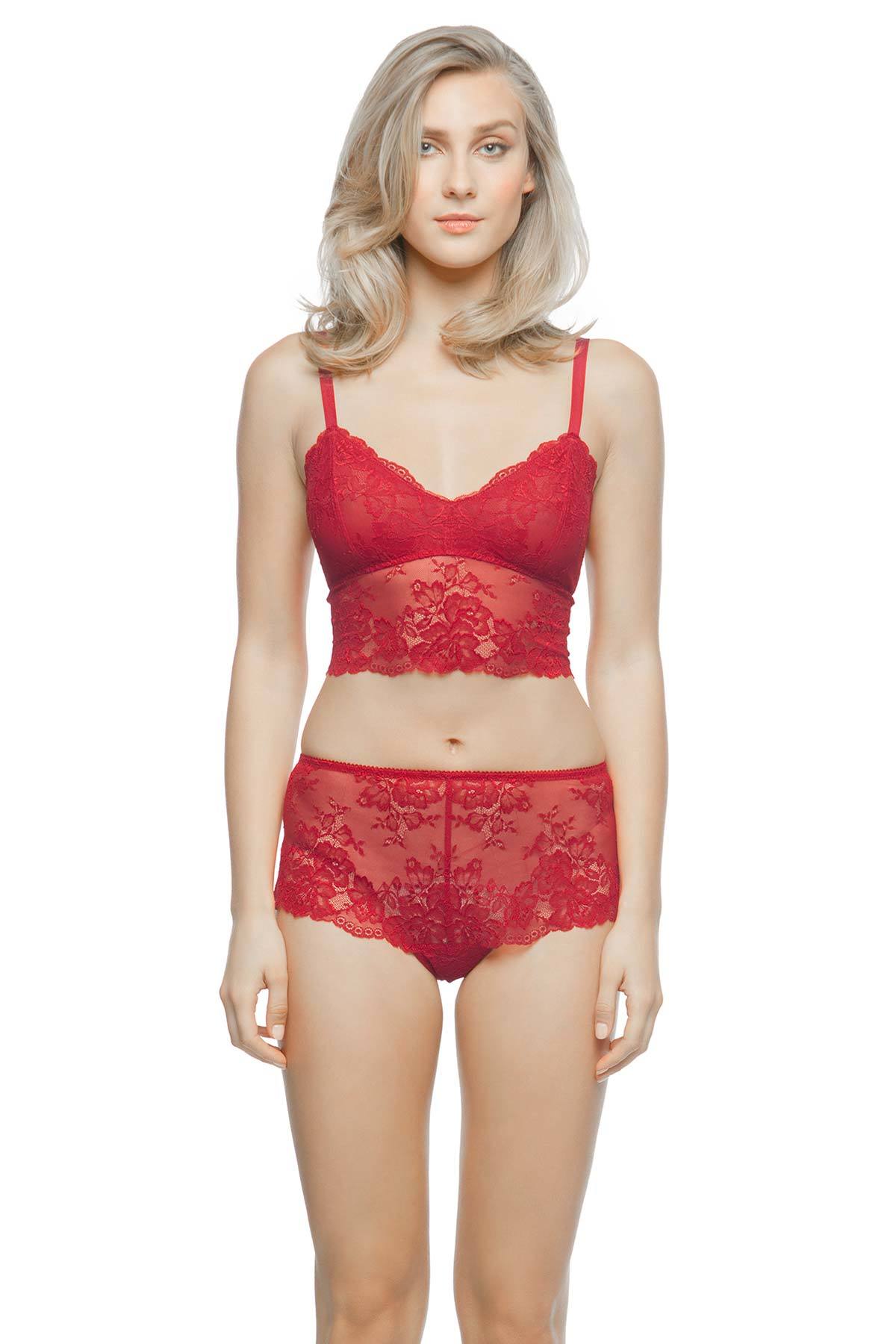 Beautiful blonde woman modeling sheer red bra and panties