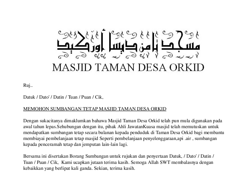 Contoh Surat Kutip Derma Masjid