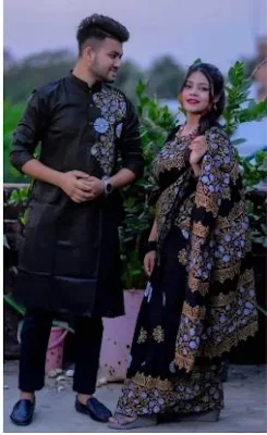 Block couple set Matching Dress Traditionally Dress Sari And Panjabi