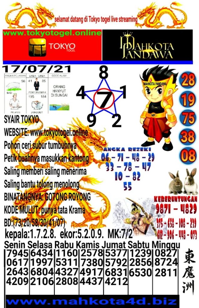 Syair Prediksi Tokyo Togel Sabtu, 17 - Juli - 2021