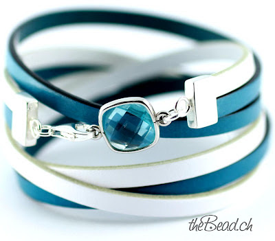 Damen Lederarmband mit Blau Weiss und Aquamarin Glaskristall