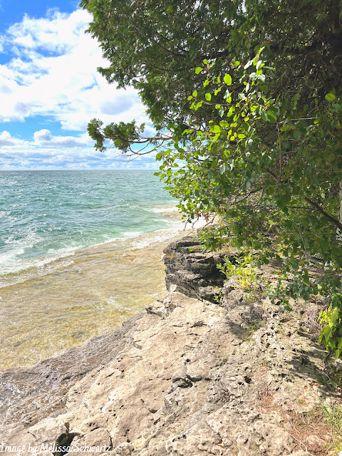 Peeking at Lake Michigan through the trees from  atop a rocky ledge along the shore at Cave Point.