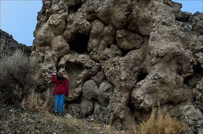 Luke Foster inspects water stained pillow exposure in Potholes Coulee.