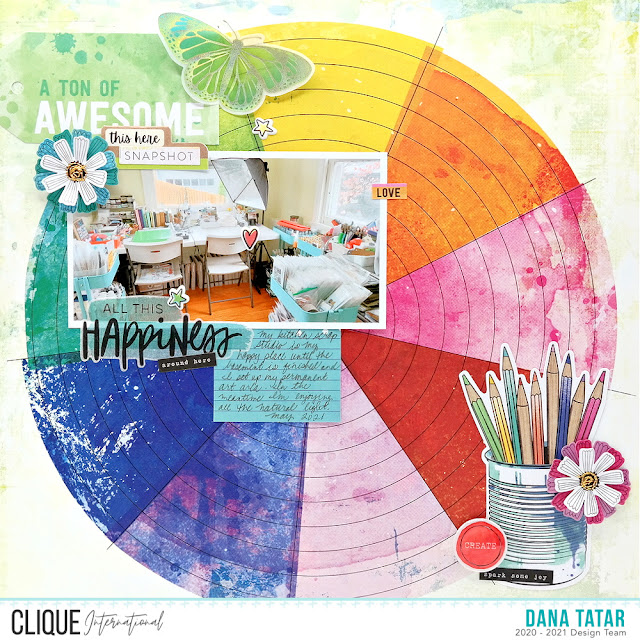 Art Studio Happy Place Scrapbook Layout on an Embellished Color Wheel Patterned Paper from the Vicki Boutin Color Study Collection by Dana Tatar for Clique International