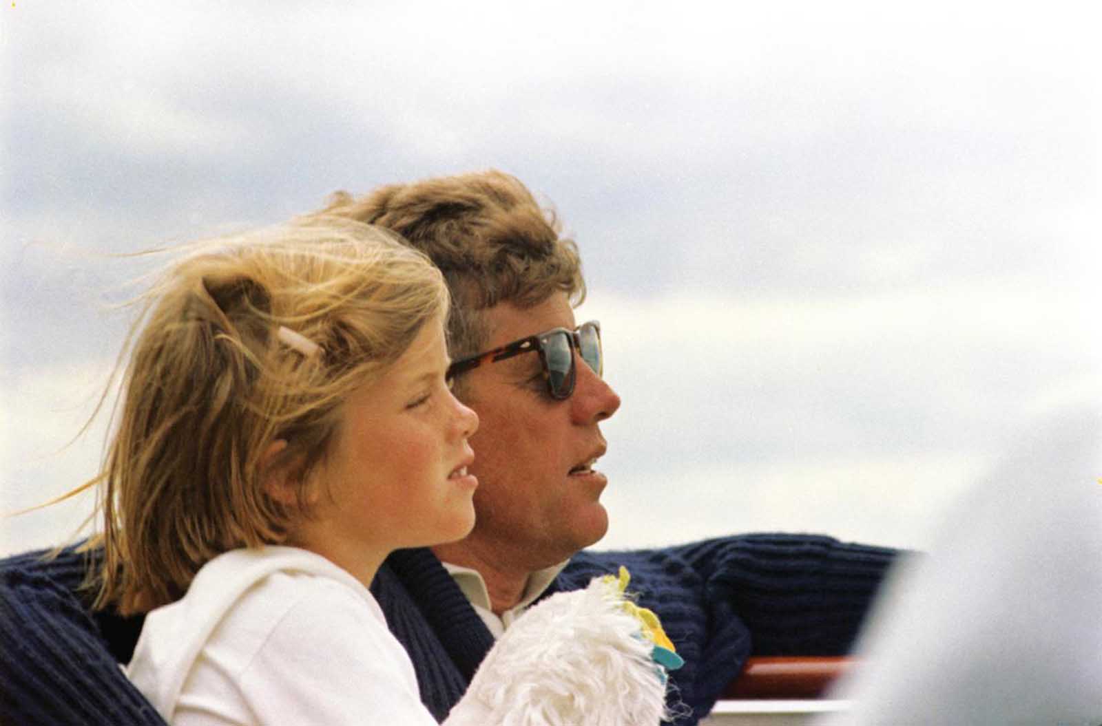 President Kennedy takes his daughter Caroline out for a spin in the Honey Fitz, off Hyannis Port in August of 1963.