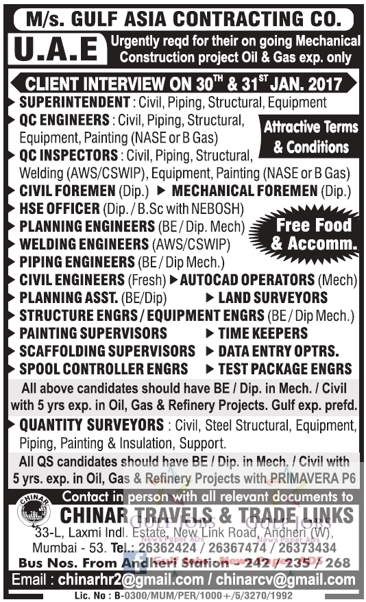 Gulf Asia contracting co jobs for UAE - free food & Accommodation