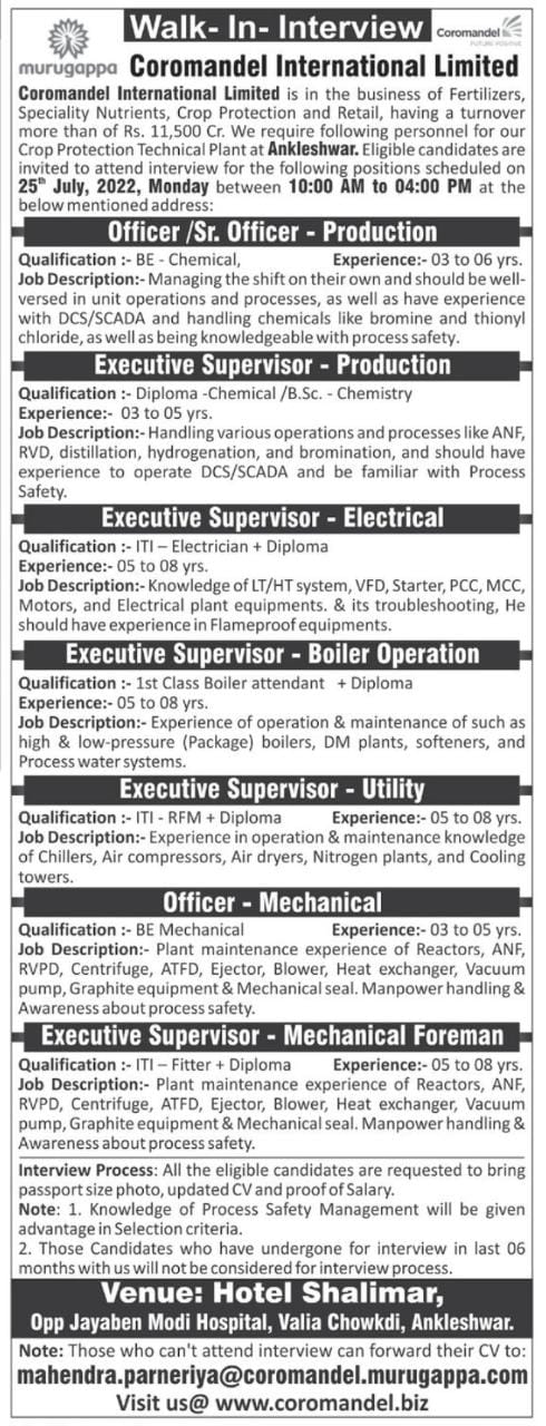 Job Available's for Coromandel International Ltd Walk-In Interview for BE Chemical/ Mechanical/ Diploma/ BSc/ ITI/ Electrician/ Fitter