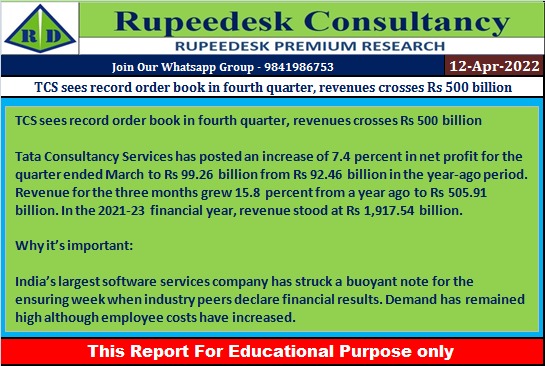 TCS sees record order book in fourth quarter, revenues crosses Rs 500 billion - Rupeedesk Reports - 12.04.2022