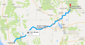 Map of route from Folsom, CA to Grand Teton National Park