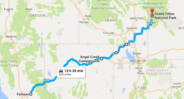 Map of route from Folsom, CA to Grand Teton National Park