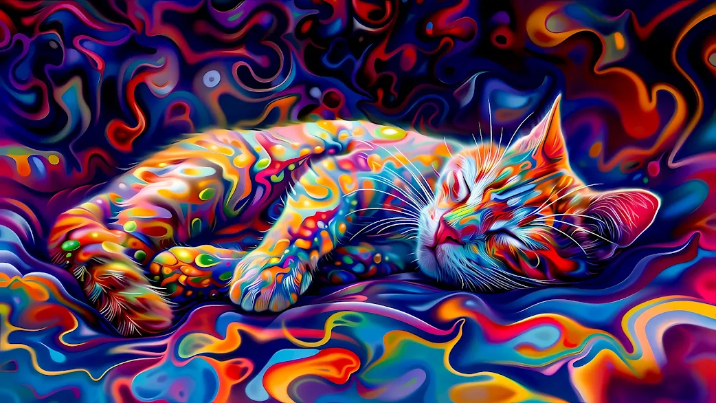 4K image of a cat sleeping, enveloped in vibrant psychedelic patterns and swirls of vivid colors.