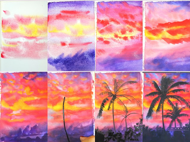 How to draw Watercolor sunset landscape with palm tree  step by step tutorial for beginner