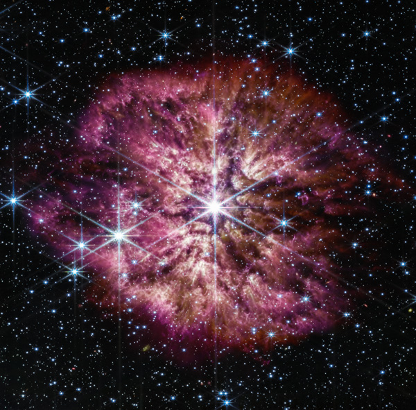 An image of a luminous, hot star known as Wolf-Rayet (WR) 124 that was taken by NASA's James Webb Space Telescope.