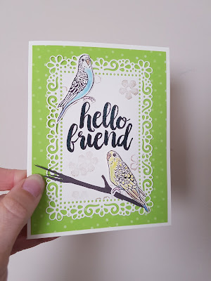 Very Vanilla and Parakeet Party card featuring stamped budgies