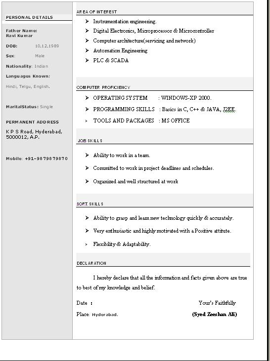 fresher resume samples for engineering students