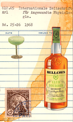 Justin Marquis mail art collage postage stamp library due date card vintage liquor advert