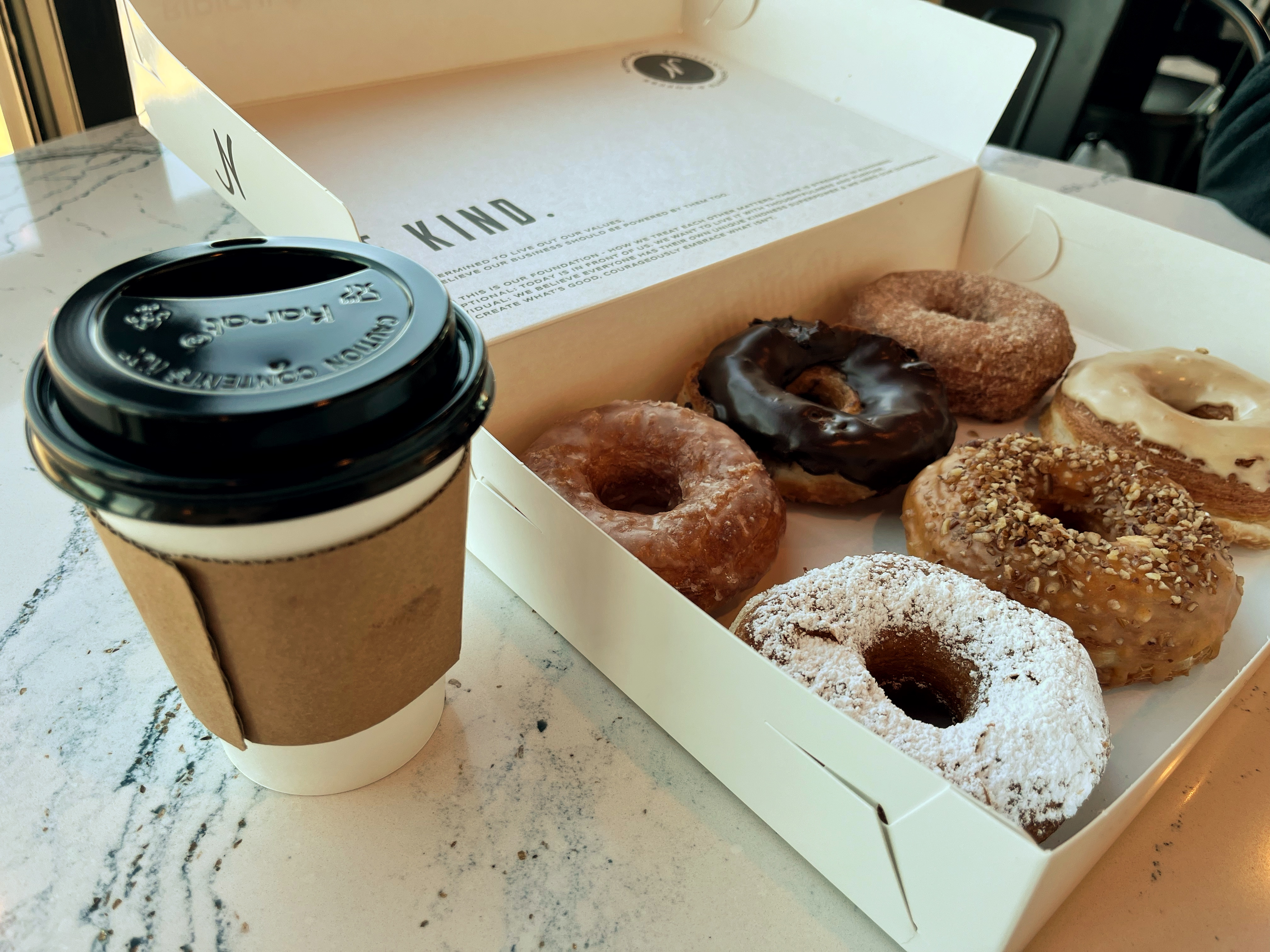 croissant donuts (cronuts) and fresh hot coffee at Nightlight Donuts and Coffee in Waco, Texas