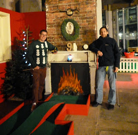 'Squire' Richard Gottfried and John 'Thighs' Moore at the Christmas-themed Minigolf 'Chrizy Golf' course in Manchester (2012)