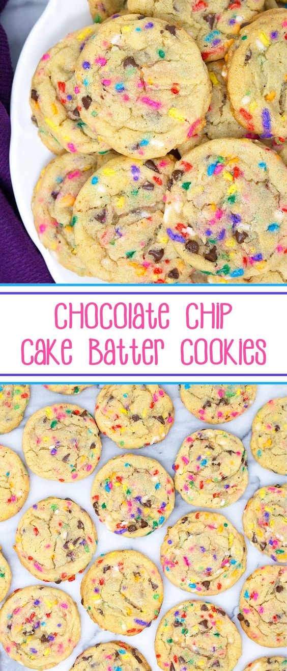 Chocolate Chip Cake Batter Cookies – gorgeous, sprinkle-filled, soft and chewy chocolate chip cookies with a cake batter twist make these delightful cookies out-of-this-world DELICIOUS!! #sarahsbakestudio #cakebattercookies #cakemixcookies #sprinkles #cookies #chocolatechipcookies #homemadecookies #sprinklecookies #softandchewycookies #chocolatechips