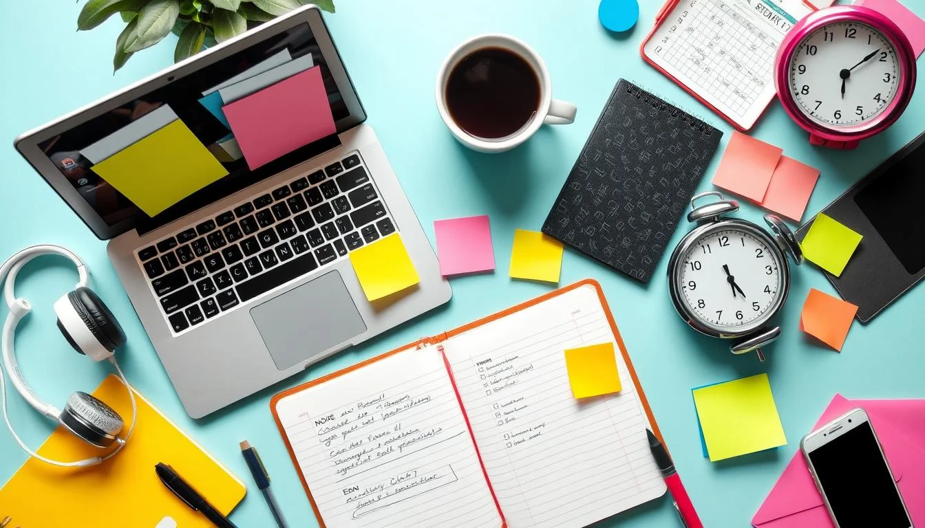 A visually appealing workspace featuring a laptop, a notebook with organizational notes, colorful sticky notes, a cup of coffee, and tools like a calendar and a smartphone. Include elements that represent communication skills like headphones and speech bubbles, alongside symbols of time management such as a clock and a checklist. The background should be bright and inspiring, reflecting productivity and efficiency.