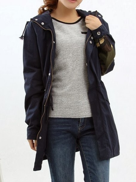 Blue Hooded Parka With Camouflage Sleeve