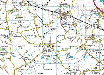 Ordnance Survey map snip showing Bishopton centre with Pitfield Farm south, Little Stainton and Elstob north, Redmarshall and Stockton on Tees east.