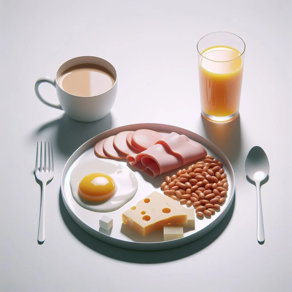 imagen creada con inteligencia artificial de un desayuno de huevo estrellado jamon queso frijoles jugo de naranja cafe