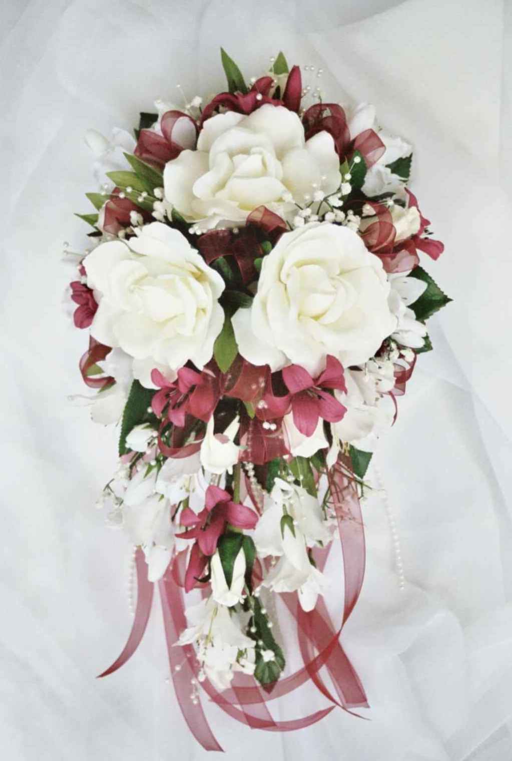 Burgundy Silk Wedding Flower Ideas Cascading Bridal Bouquet