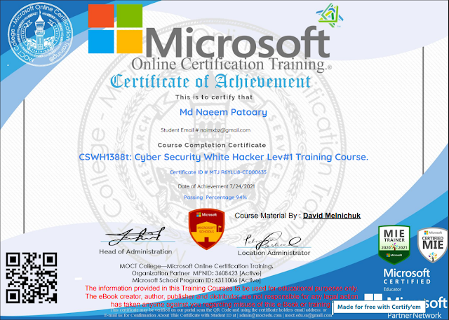 Certificate for Cyber Security White Hat Hacker from MOCT College