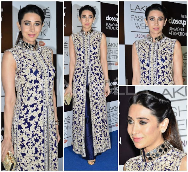 Karisma Kapoor in Blue Palazzo Pants with Long Jacket at Lakme Fashion Week