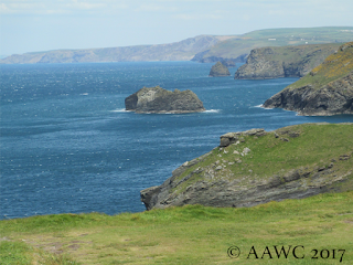 More Cornish coastline - same colour scheme of green grass on grey rocks beside aqua water - but taken from TIntagel Castle.