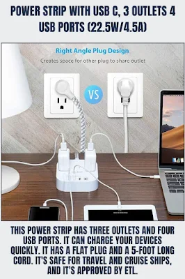 This power strip has three outlets and four USB ports. It can charge your devices quickly. It has a flat plug and a 5-foot long cord. It's safe for travel and cruise ships, and it's approved by ETL.
