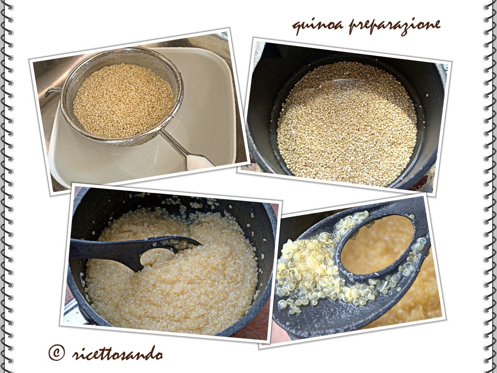 Quinoa mettiamo in cottura come per un risotto lasciando aprire i semi