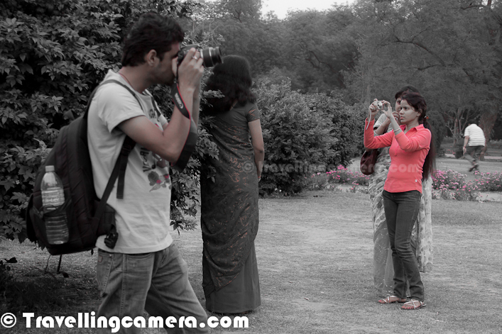 Digital Technologies for Photography have really revolutionized this world of travelers. Unlike Film-roll cameras, now Digital Cameras can shoot unlimited number of photographs which only depends upon memory-stick you are using. This Photo Journey shares the normal view we see at any tourist destination around us.Very first photograph of this Photo Journey is clicked at Qutub Minar, Delhi. This place is one of the main place to get clicked with series of pillars having wonderful carving. It's hard to see only two people in these alleys :Above photograph is clicked in front of Humayun's Tomb. This place is most popular in this campus, to get clicked in front of main monument. There is a water pond in front of the Humyaun's Tomb where you need to line up to get clicked.Lady trying to capture Qutub Architecture in her camera.Family at Qutub campus, trying to capture Delhi Memories for future..Here is a photograph showing a girl in front of North Block, ready for a memorable photograph In most parts of Delhi, you can see people with DSLRs. It's interesting to see various photographers with different visions to capture this beautiful Capital City of IndiaClick-Click everywhere @ Lodhi Garden, Delhi, INDIAA tourist trying to capture some moments around Parliament House of India. There are some gardens with colorful flowers in front of Parliament House and President's ResidenceThere are some standard poses which can easily be seen around these monuments. Specially photographs in front of Taj Mahal Digital Cameras Everywhere, pointing in different directions.This is very common scenario, when security people have to do the job of a photographer by leaving his main duties :)Digital Cameras have really changed the way people have been photographing and experimenting with light. Now everyone can afford to do experiments and experiments are always good for increasing your learning about any specific subject. That's why we are seeing relatively more talented photographers.A photograph showing some planned shoots in Qutub Minar campus. Looks like a school meet at Qutub !