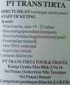 Lowongan Kerja Batam Trans Tirta Tour & Travel