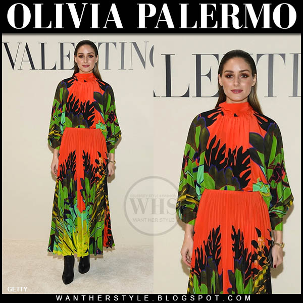 Olivia Palermo in red and green printed blouse and skirt