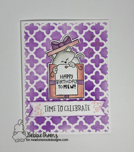 Time to celebrate by Debbie features Quatrefoil, Frames & Flags, Time to Celebrate, and Newton's Gift by Newton's Nook Designs; #inkypaws, #newtonsnook, #birthdaycards, #catcards, #cardmaking