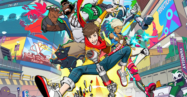 Arte oficial de Hi-Fi RUSH, com os personagens principais do jogo