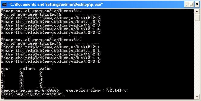 C Program for Addition of two Sparse Matrices