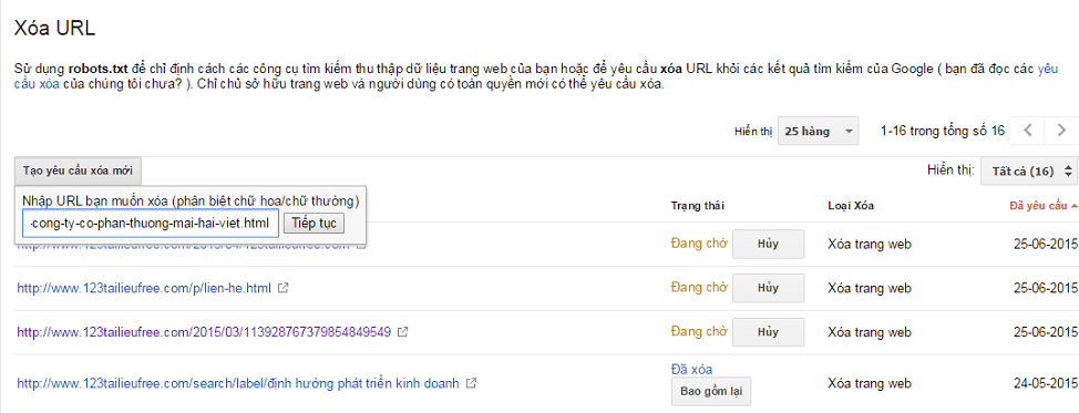 xóa url trong google webmaster tools