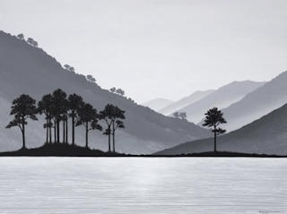 Monochrome NZ landscape with lake & trees