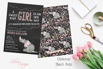 Chalkboard, Bunting & Rhinoceros Custom Baby Girl Shower Sprinkle Invitation - Grey Gray Rhino Chalk Pink Peach Lavender white black string hearts banner bunting sweet cute girl sweater lavender purple horns Matching Back Side floral flowers yellow gold flower buds