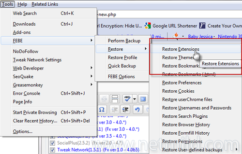 FEBE restore Cara Backup Firefox Extentions