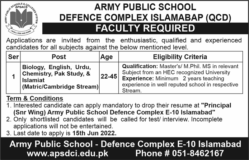 Latest Army Public School Teaching Posts Islamabad 2022